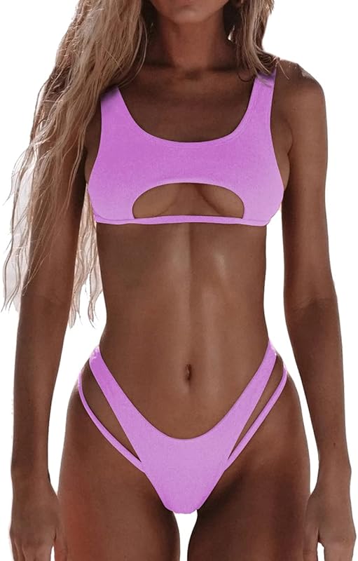 Women's Sexy Scoop Neck Padded Cutout Strappy Thong Bikini Set Swimsuit - Seldom Seen Styles