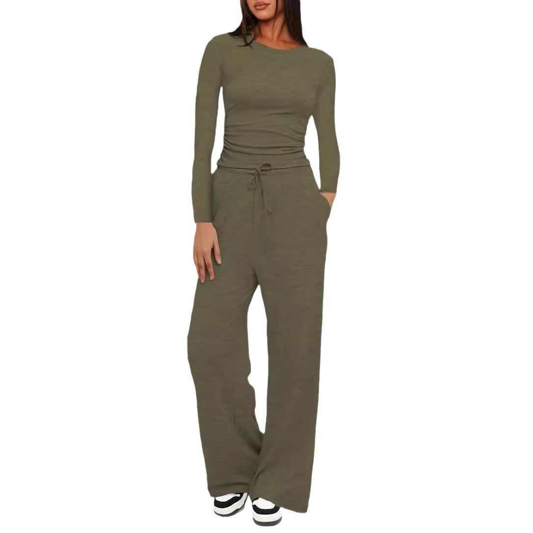 Two-piece Set Women's Solid Ruched Tee & Drawstring Pocket Pants Pajamas Set, Casual Long Sleeve T-shirt & Elastic Waist Trousers, Ladies Sleepwear  Loungewear for All Seasons - Seldom Seen Styles