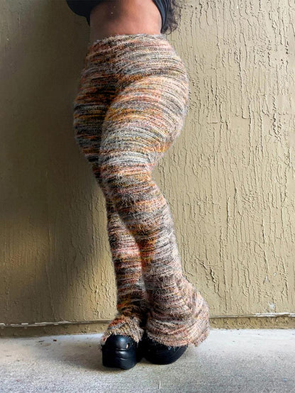 Women's Striped Print Flare Leg Fuzzy Sweater Pants, Casual Street Comfy Knit Bell Bottom Trousers For Fall & Winter, Women's Knitwear For Daily Wear