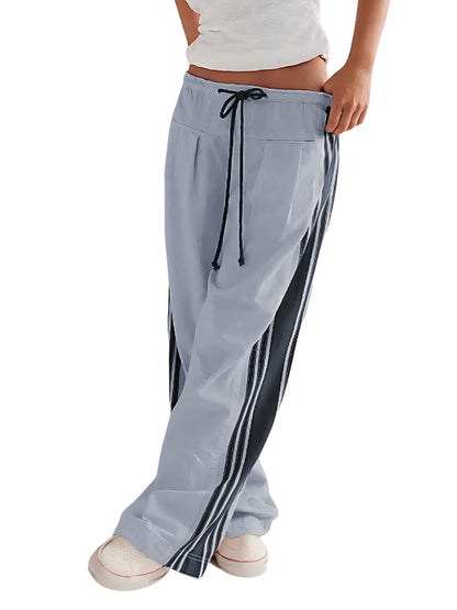 Women Y2k Track Pants Side Striped Wide Leg Baggy Pants Casual Drawstring Waist Parachute Sweatpants Streetwear