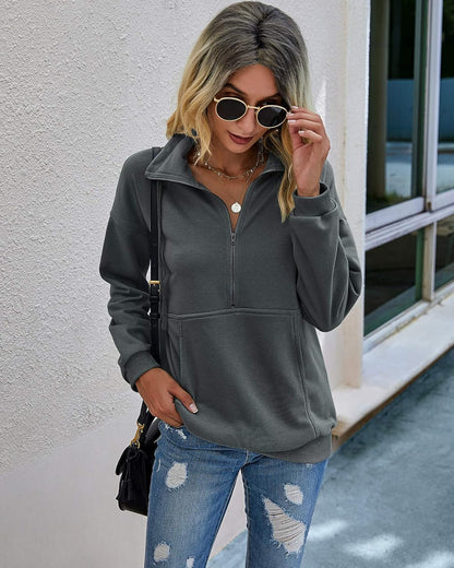 PRETTYGARDEN Women Casual Long Sleeve Lapel Zipper Sweatshirt Drawstring Loose Pullover Tops