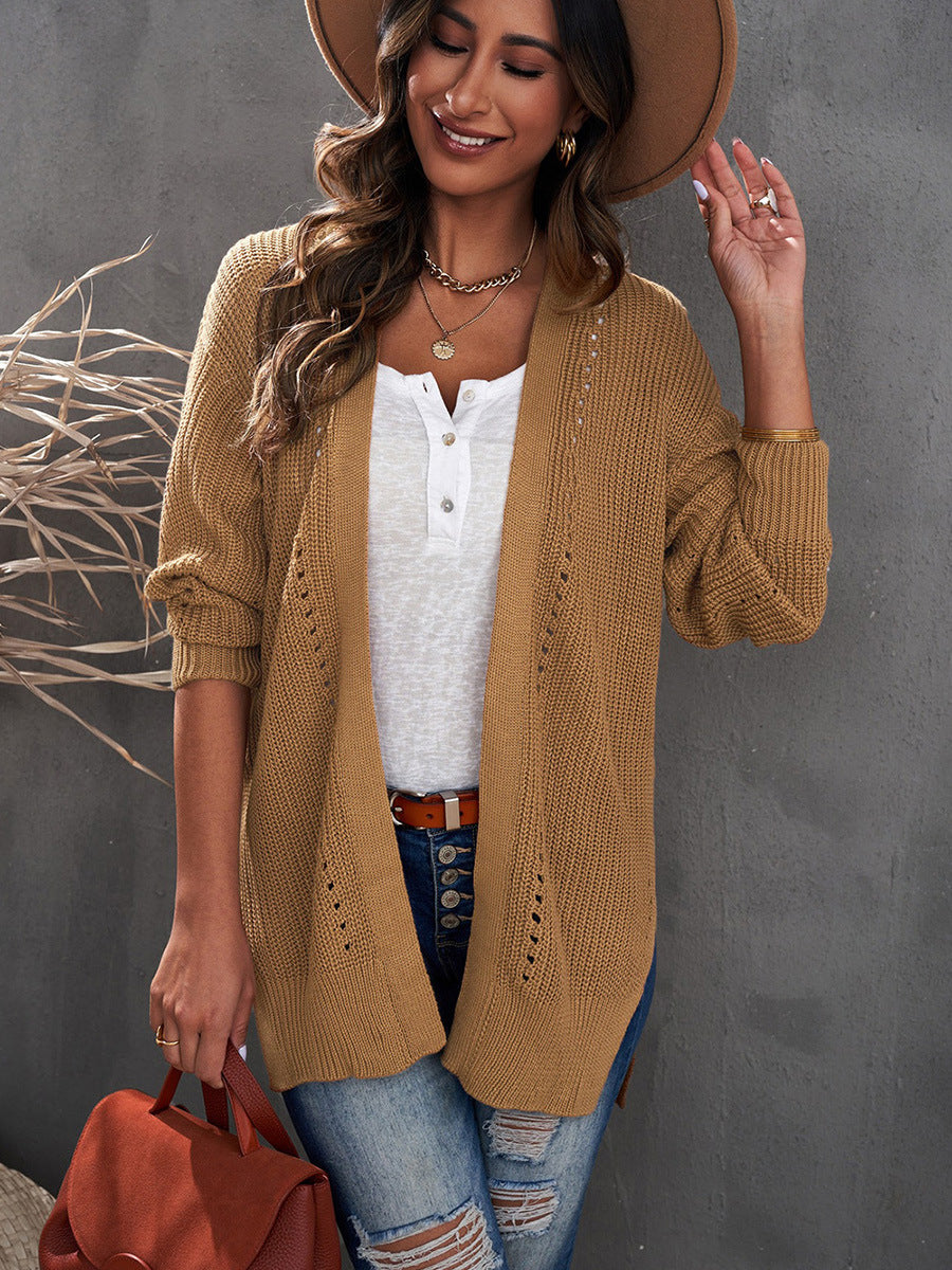 European and American Style Women Fashion Solid Color Hollow Cardigan Sweater Autumn and Winter New Side Slit Drop-Shoulder Long-Sleeve Top271064