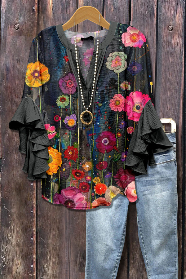 Retro Floral Print Layered Ruffle Sleeve Top Going Outfits Blouses Women Vintage 90s Tops Funny Shirts Women Elegant Classy Tops cute summer outfit - Seldom Seen Styles