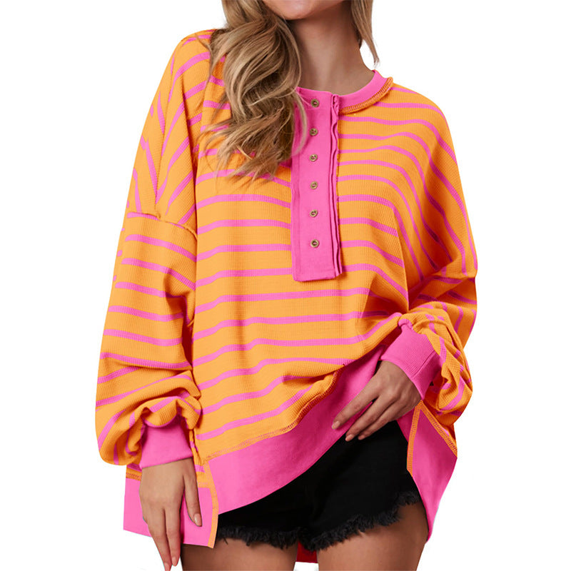 Bela Womens Oversized Striped Sweatshirts Henley Shirts Color Block Casual Pullover Waffle Knit Tops - Seldom Seen Styles