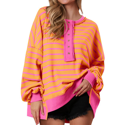 Bela – Sweat-shirts amples rayés pour femmes, hauts Henley, pulls décontractés à blocs de couleurs, hauts en tricot gaufré