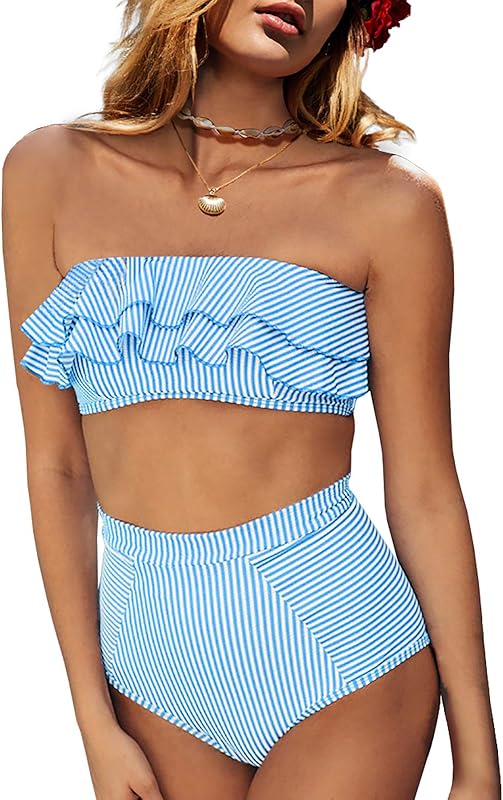 Women High Waisted 2 Piece Bikini Set Bandeau Ruffle Swimsuit Top Striped Bathing Suits - Seldom Seen Styles