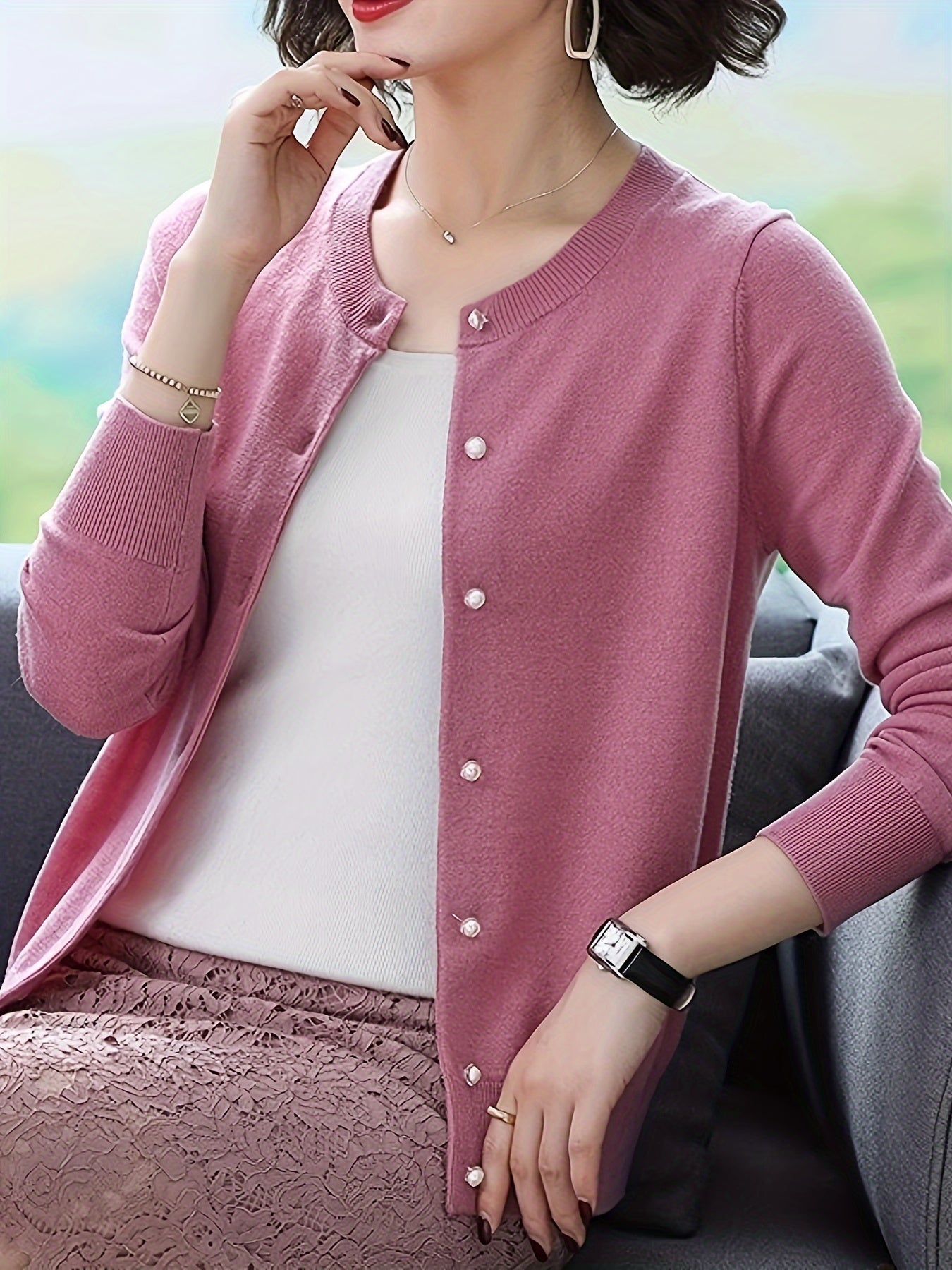 Elegant Open Front Cardigan, Long Sleeve Cardigan For Spring & Fall, Women's Clothing