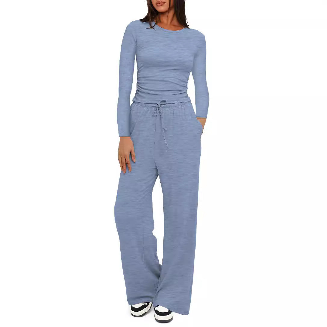 Two-piece Set Women's Solid Ruched Tee & Drawstring Pocket Pants Pajamas Set, Casual Long Sleeve T-shirt & Elastic Waist Trousers, Ladies Sleepwear  Loungewear for All Seasons - Seldom Seen Styles