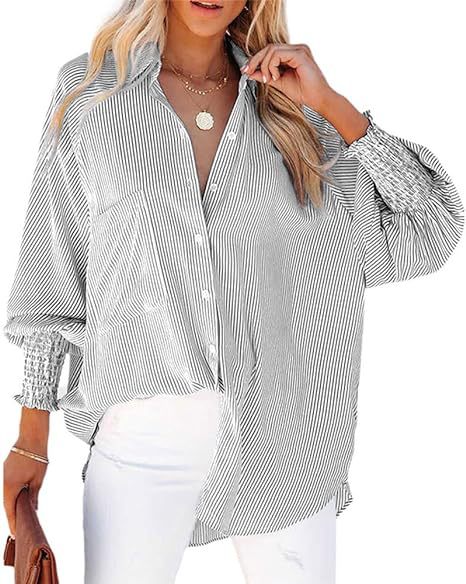 Women's Smocked Cuffed Striped Boyfriend Shirt with Pocket Casual Collar Long Sleeve Blouse Tops for Pocket Shirred