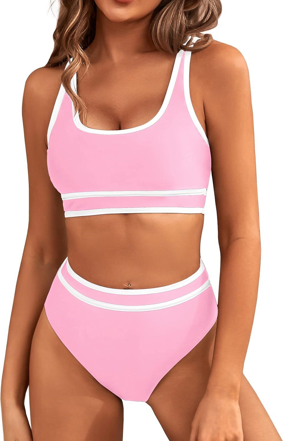 Women's High Waisted Bikini Sets Sporty Two Piece Swimsuits Color Block Cheeky High Cut Bathing Suits - Seldom Seen Styles