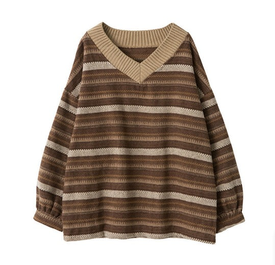 2023Female Student Korean Style Autumn and Winter New Striped Contrast ColorvCollar Idle Style Pullover Loose High-End Sweater for Women