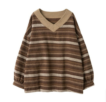 Collar  Pullover Loose  Sweater for Women Female Student Korean Style Autumn and Winter New Striped Contrast