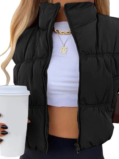 Women's Sleeveless Puffer Vest Zip-Up Stand Collar Trendy Cozy Cropped Outerwear for Stylish Layering