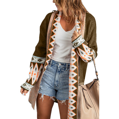 Shiying Autumn and Winter New Ethnic Print Cardigan Knitted Coat for Women Europe and America Cross Border Autumn and Winter New Cardigan Top