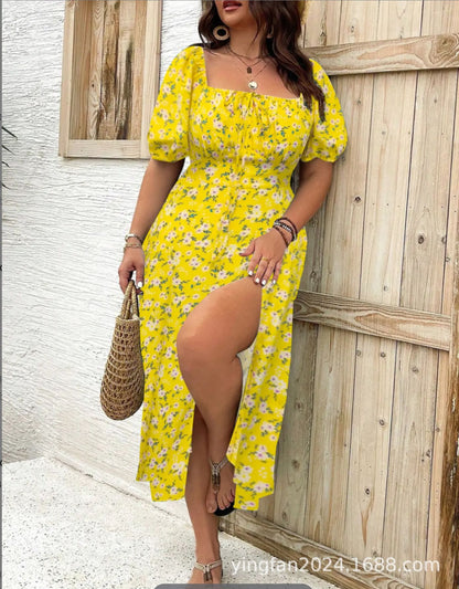 【Grande taille】 Robe fendue à imprimé floral, robe décontractée à manches bouffantes et nouée sur le devant, vêtements bohèmes pour femmes, vêtements de plage d'été, grande taille élégante, vêtements bohèmes pour femmes, vêtements pour femmes
