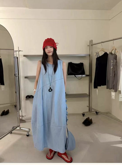 Women's Denim Sleeveless Diagonal Ruffle Trim A-Line Maxi Dress Drawstring Detail Light Blue Dark Navy One Size NNY with Free Bag