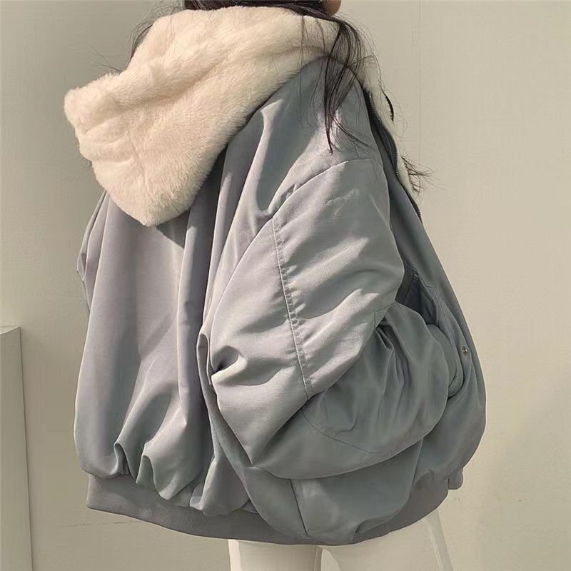 South Korea Fleece-lined Thickened Double-Sided Wear Lamb Wool Cotton Coat Women's Coat Winter New Zipper Hooded Cotton-Padded Coat Top