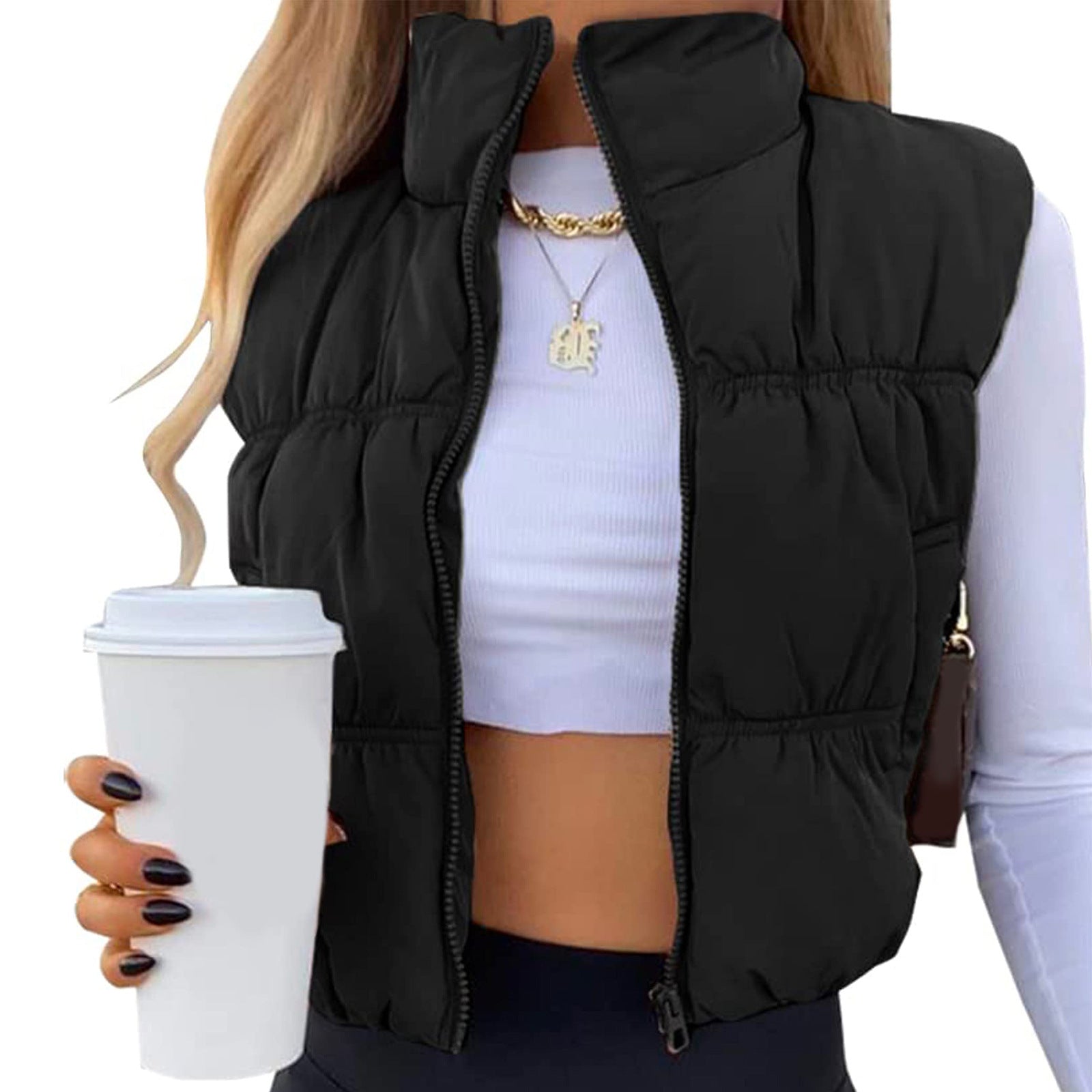 Women's Sleeveless Puffer Vest Zip-Up Stand Collar Trendy Cozy Cropped Outerwear for Stylish Layering - Seldom Seen Styles