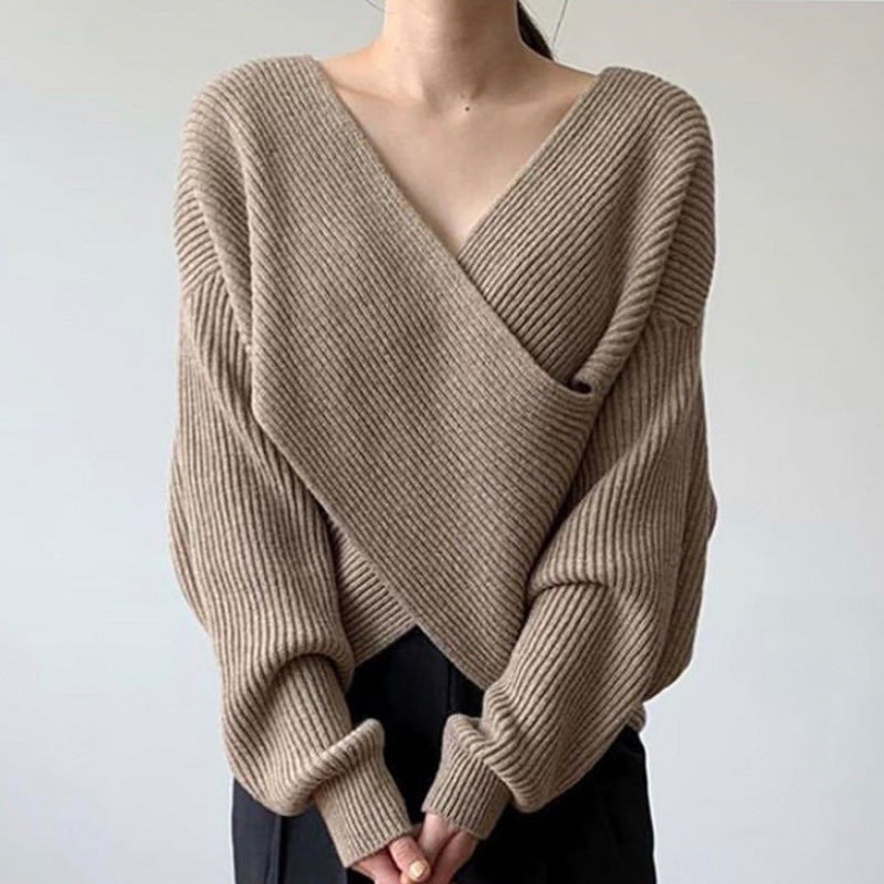Women's Solid Color V Neck Long Sleeve Sweater with Cross Wrap Front and Asymmetric Hem - Comfort, Fashion - Seldom Seen Styles