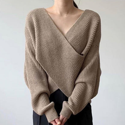 Pull à manches longues et col en V pour femme, couleur unie, avec devant croisé et ourlet asymétrique - Confort et mode