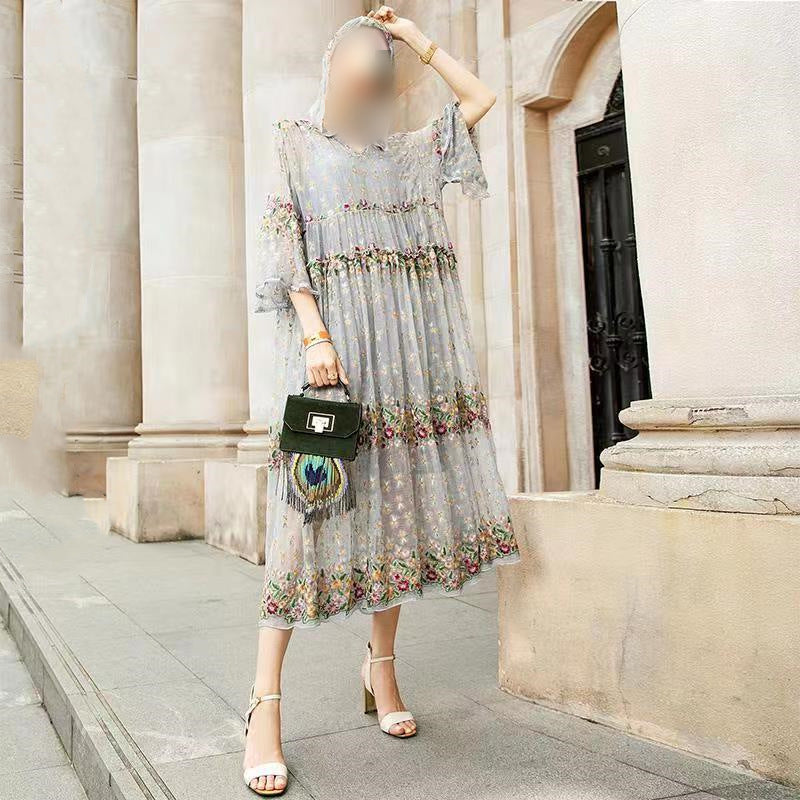 2023Summer Sweet Fresh European and American Hooded Long Sleeve Lace Embroidery Long Loose Big Hem Dress