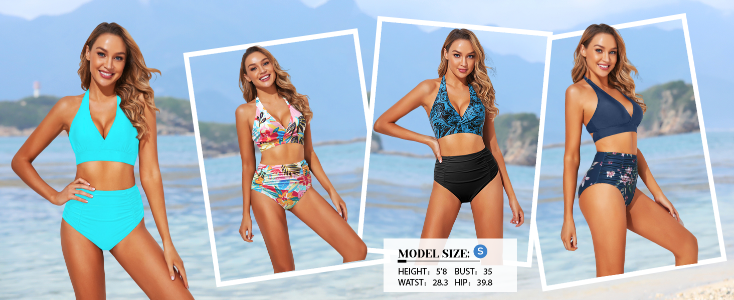 Women Two Piece High Waisted Bikini Set Swimsuits Push Up Halter Tummy Control Bottoms Bathing Suits - Seldom Seen Styles