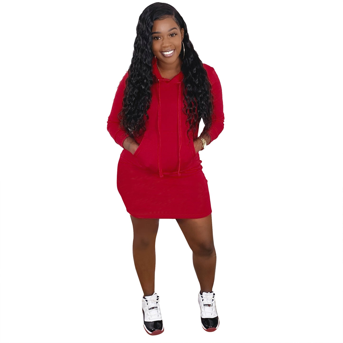 Women's Solid Drawstring Hooded Sweatshirt Dress, Chic Casual Long Sleeve Pocket Dress for Fall & Winter, Ladies Clothes for Daily Wear - Seldom Seen Styles