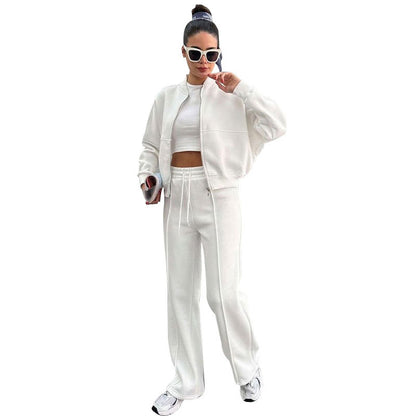 Women's Solid Zip Up Crop Jacket & Drawstring Waist Pants Two-piece Set, Casual Fashion Drop Shoulder Long Sleeve Top & High Waist Trousers Womenswear Suits for Outdoor Wear, Women's Clothing for Spring & Fall 90s Clothes
