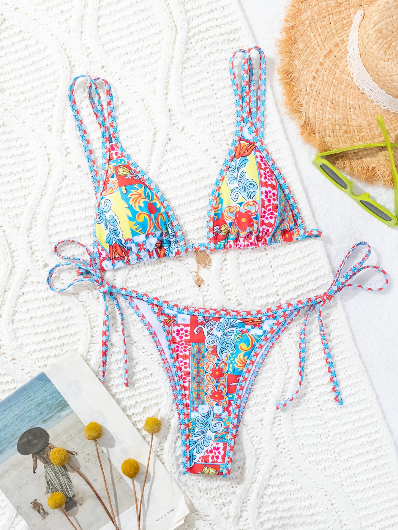 floral bathing suit  New  Blue and White Porcelain Print Lace-up  bikini Split Swimsuit - Seldom Seen Styles