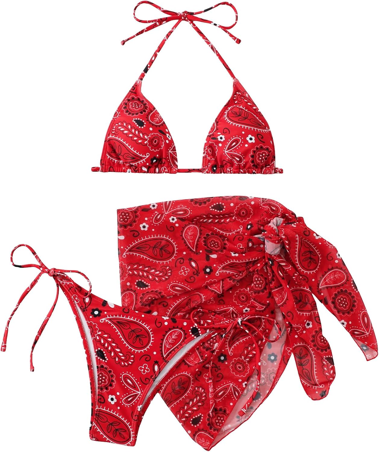 Bikini Sets for Women Paisley Print Halter Triangle Bathing Suit 3 Piece Swimsuit with Sarong Cover Up - Seldom Seen Styles