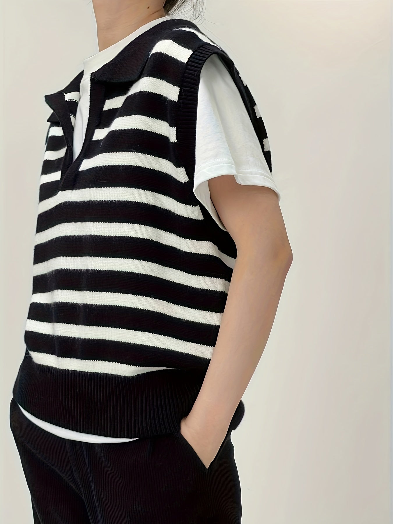 Women's Casual Striped Knit Vest with Lapel Collar - 100% Polyester Sleeveless Sweater for All Seasons