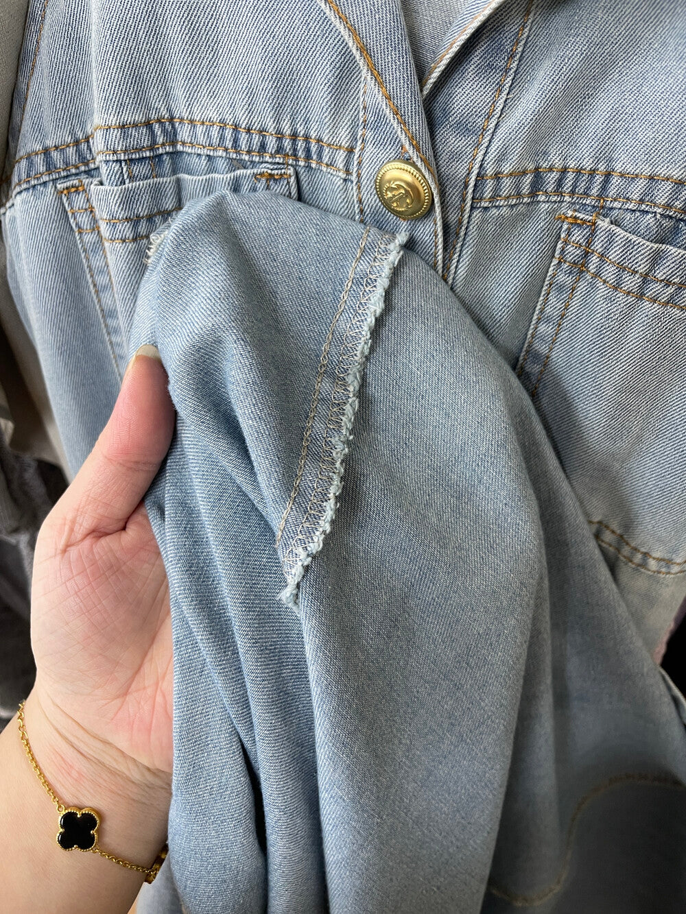 Women's Light Blue Denim Sleeveless Belted A-Line Maxi Dress Gold Button Lapel Collar with Free Belt M L - Seldom Seen Styles