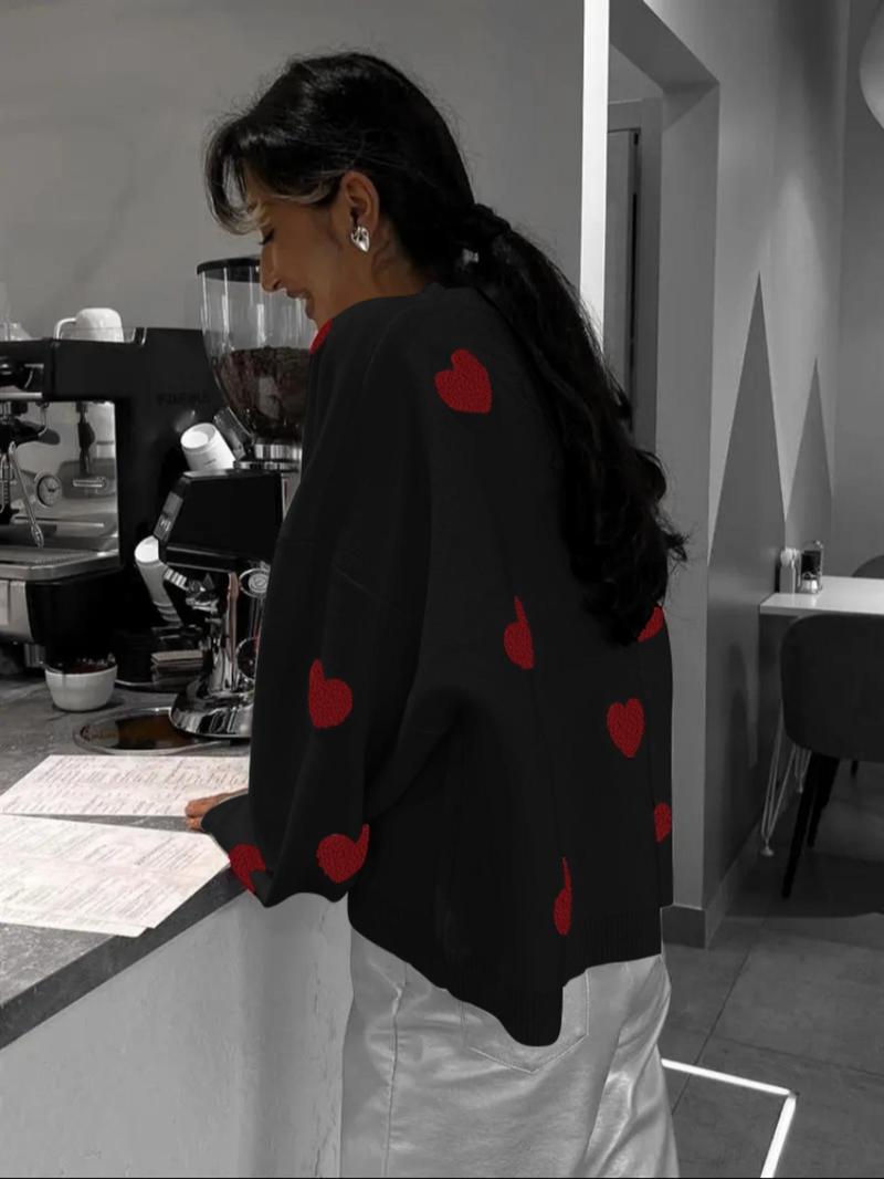 Women's Spring Heart Print Long Sleeve Crewneck Knitting Jumper, Comfort Round Neck Sweater for Daily Streetwear,  Tiktop Shop, Lady's Top for Spring - Seldom Seen Styles