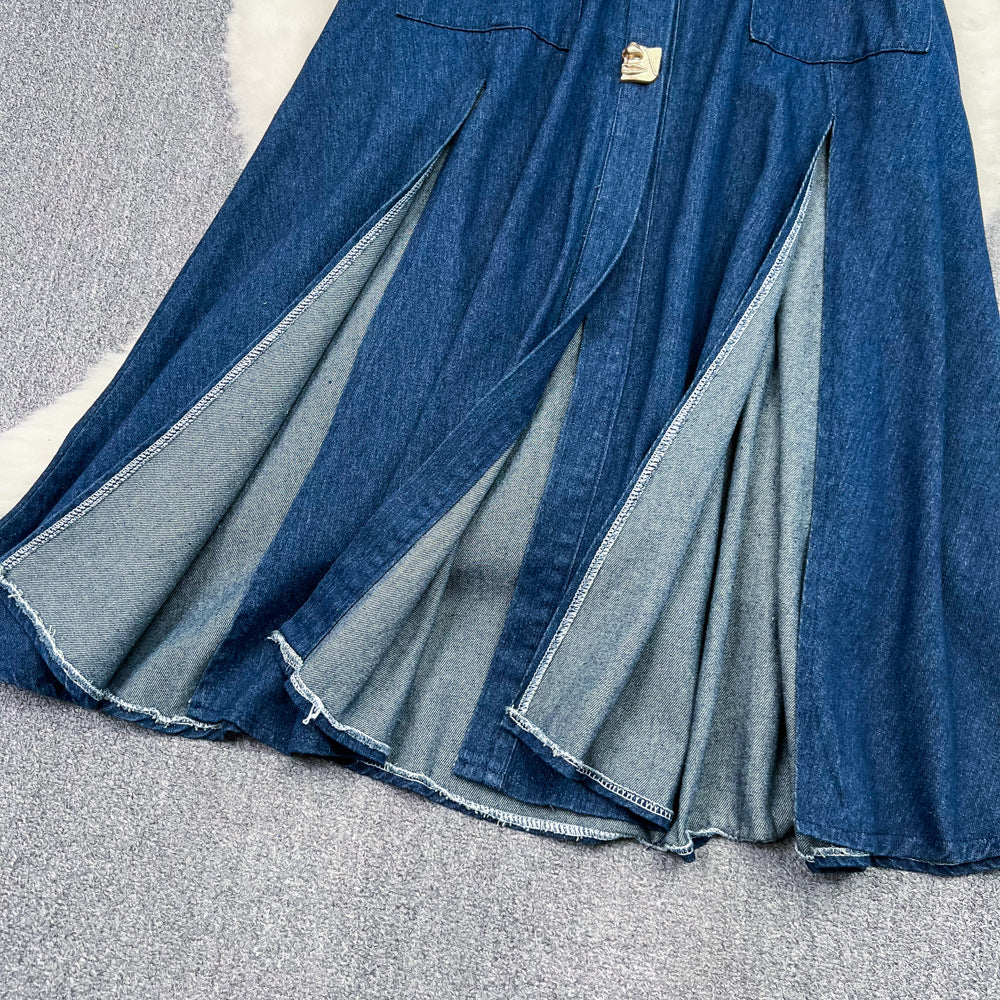 sleeveless Denim dress Denim maxi dress Vintage Lapel Hollow Out Waist-Cinching Slimming Single-Breasted a Slit Denim Dress Casual Long Dress