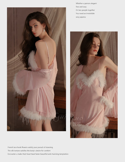 Womens Sexy 3 Piece Fuzzy Lingerie Set Transparent Tulle Nightshirt With Robe and G-String