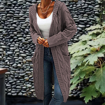 Women's Pocket Drop Shoulder Cardigan, Hooded Long Sleeve Warm Top, Casual Textured Knit Open Front Cable Outwear, Sweaters for Women