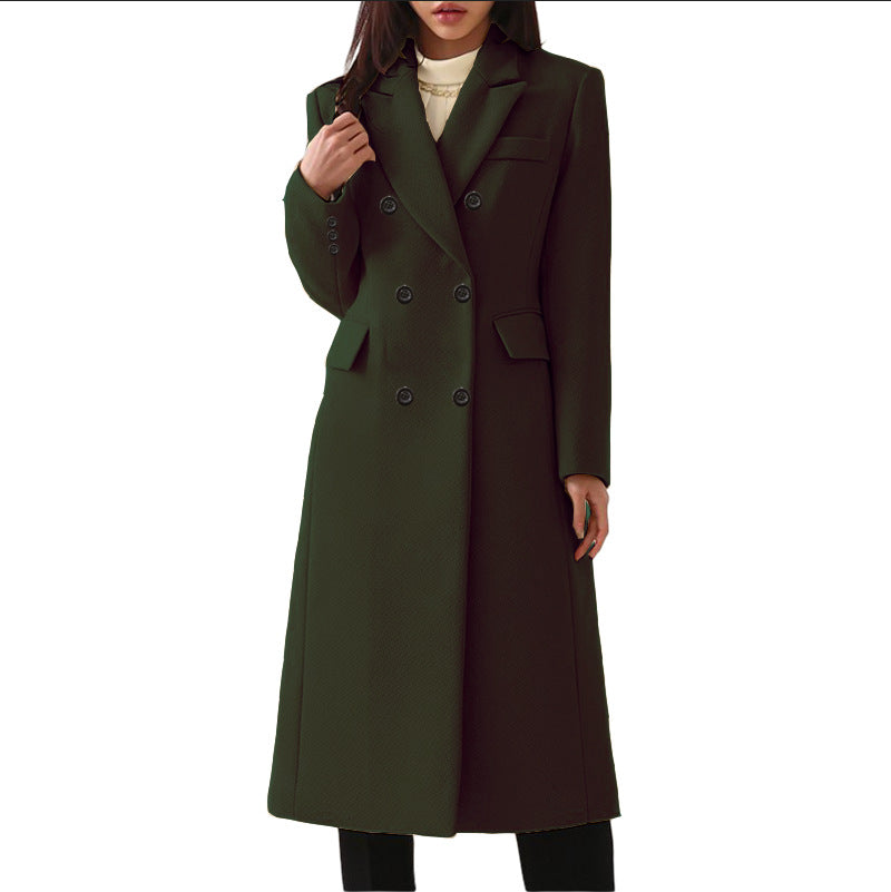 Women's Notch Lapel Double Breasted Wool Blend Mid Long Pea Trench Coat