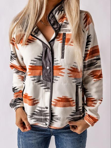Women's Geometric Print Pocket Button Front Zipper Polar Fleece Spring Jacket, Casual Stand Collar Long Sleeve Coat for Fall & Winter, Women's Clothes for Daily Wear, Jackets & Coats, Fall Outfits, Fall Clothes, Preppy 80s Clothes - Seldom Seen Styles