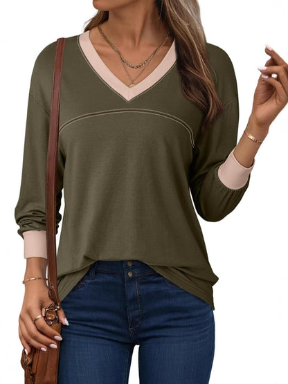 Chemisiers pour femmes, chemises habillées décontractées à manches longues, col en V, hauts à blocs de couleurs, tenues d'automne 2025