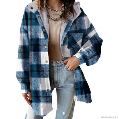Women's Flannel Hooded Plaid Fuzzy Fleece Jacket