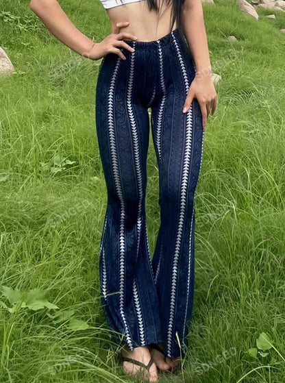 High Waisted Striped Bell Bottom Jeans for Women Stretchy Hem Raw Vintage Wide Leg Flared Denim Pants