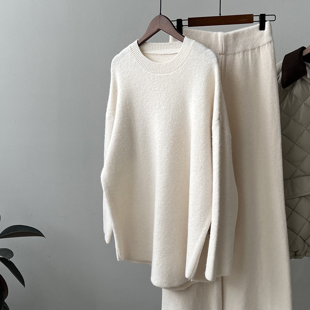 【Plus Size】 Two-Piece Set Solid Mock Neck Drop Shoulder Split Hem Sweater & Straight Leg Pants