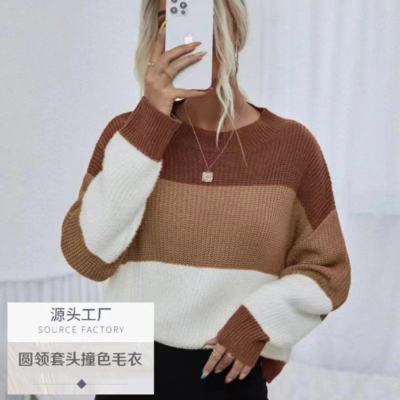 2024Amazon Autumn and Winter Cross-Border Women's Knitted Fashion round Neck Pullover Stripe Contrast Color Sweater Women