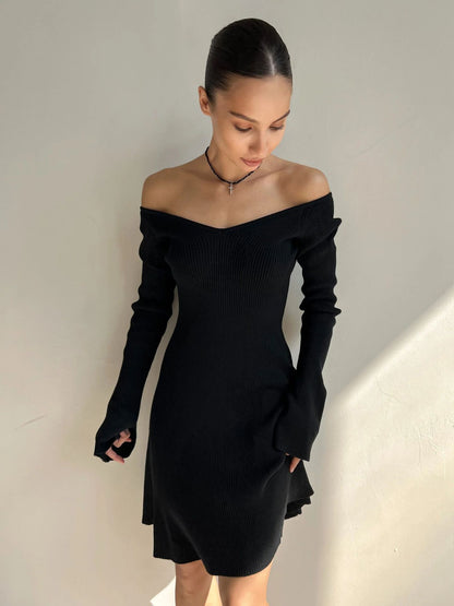 off-Shoulder Dress Woolen Skirt Sexy Knitted Dress Long Sleeve Short Dress Thickened A- line Europe and America Cross Border Autumn and Winter Skirt