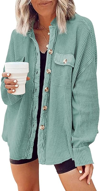 Yanekop Womens Waffle Knit Shacket Oversized Shirt Jacket Button Down Blouse Loose Fit Long Sleeve Tops