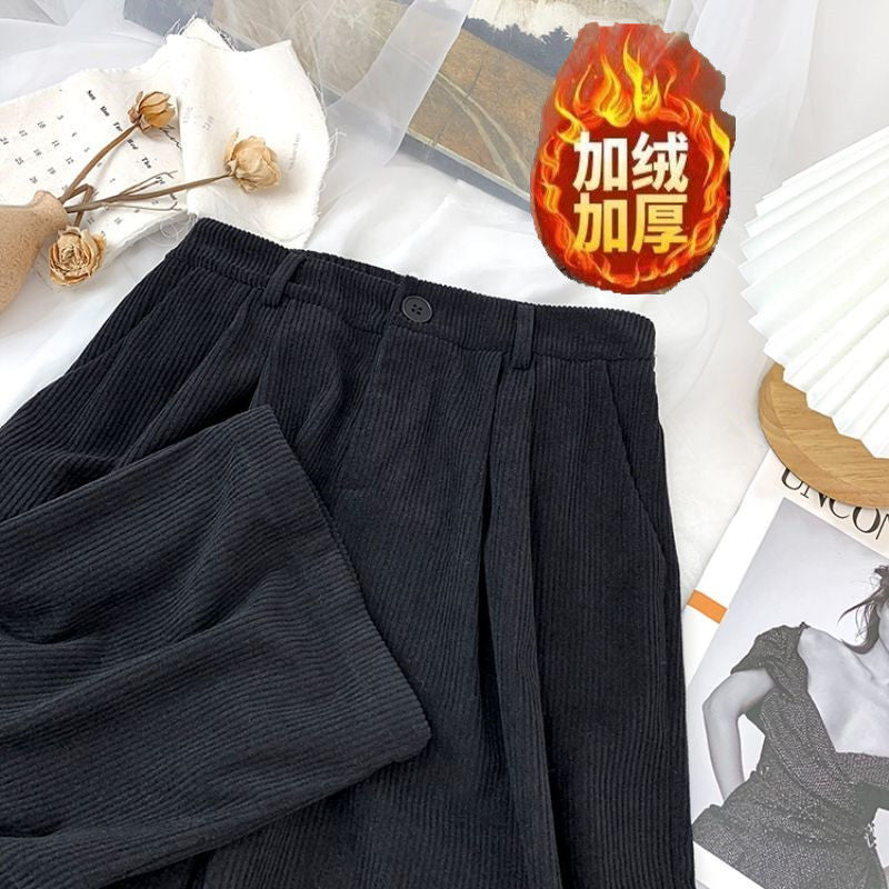 Corduroy Pants Wide Leg Women2023Autumn and Winter New High Waist Loose and Slimming Mopping Floor All-Matching Straight Casual Strip