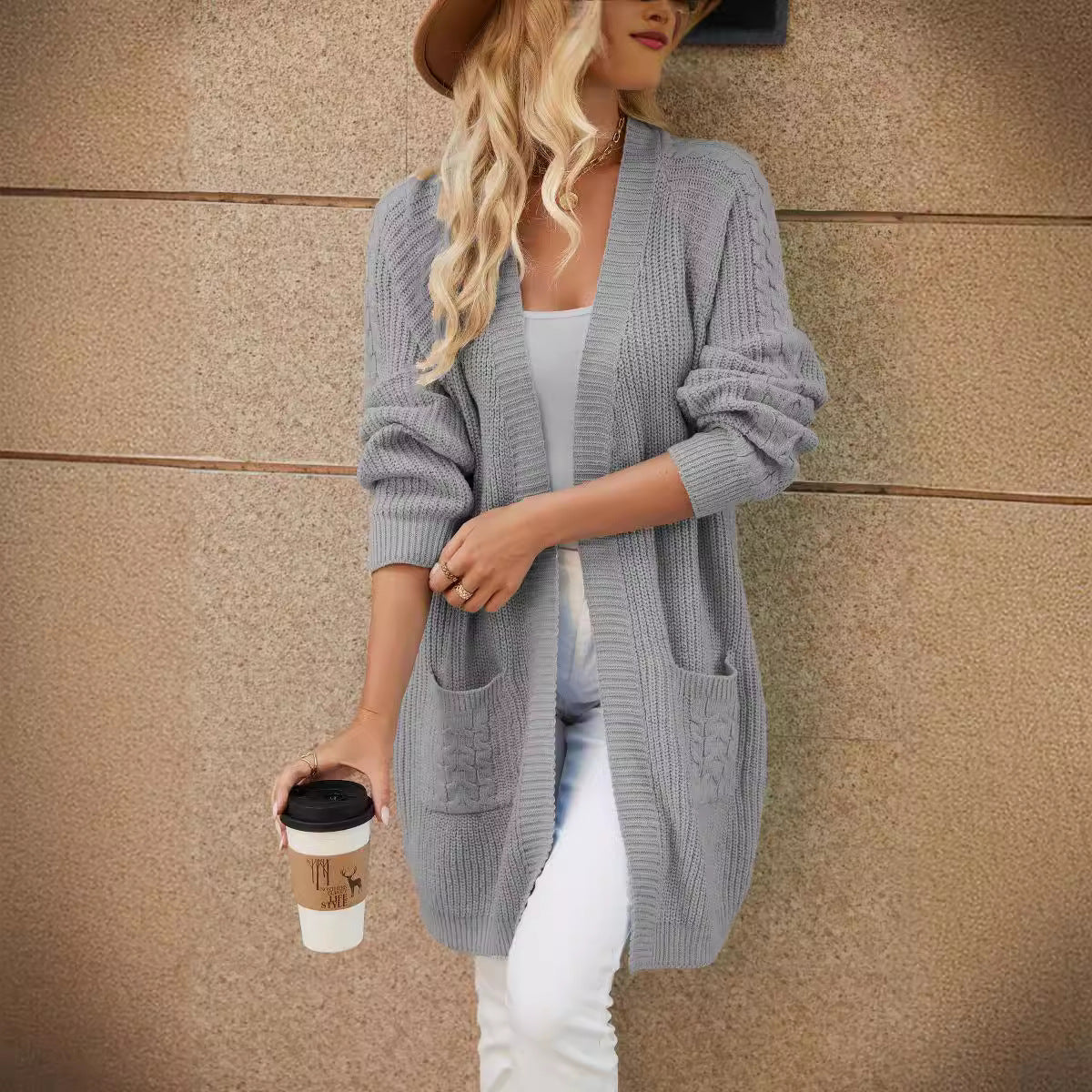 Long Knitted Cardigan Women2024Autumn and Winter European and American Knitted Loose Patchwork PocketVCollar Sweater Sweater Coat