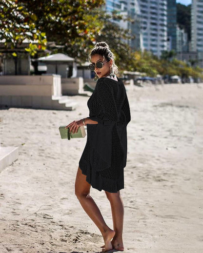 Hollow-out Sun Protection Shirt Bell Sleeve Beach Cover-up Bikini Cover  Hot Knitwear Swimsuit