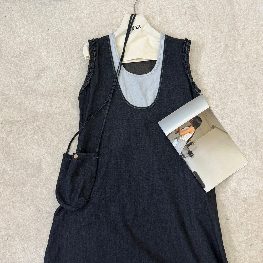 Women's Denim Fake Two-Piece Sleeveless U-Neck A-Line Midi Dress Ruffle Shoulder Detail with Free Mini Bag Dark Navy Blue Grey One Size - Seldom Seen Styles