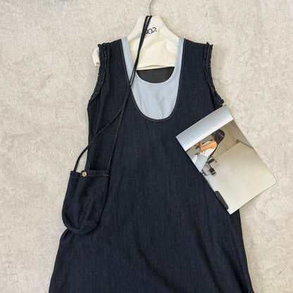 Women's Denim Fake Two-Piece Sleeveless U-Neck A-Line Midi Dress Ruffle Shoulder Detail with Free Mini Bag Dark Navy Blue Grey One Size